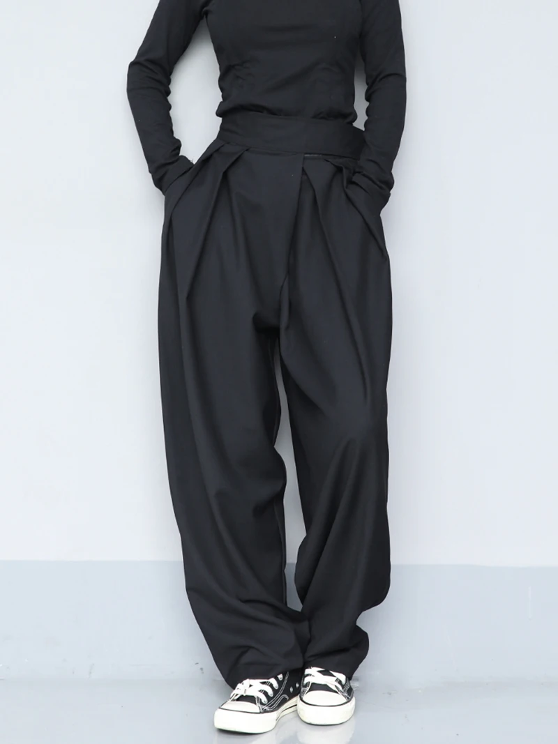 

High Waist Black Brief Pleated Long Wide Leg Trousers New Loose Fit Pants Women Fashion Tide Spring Autumn 2021