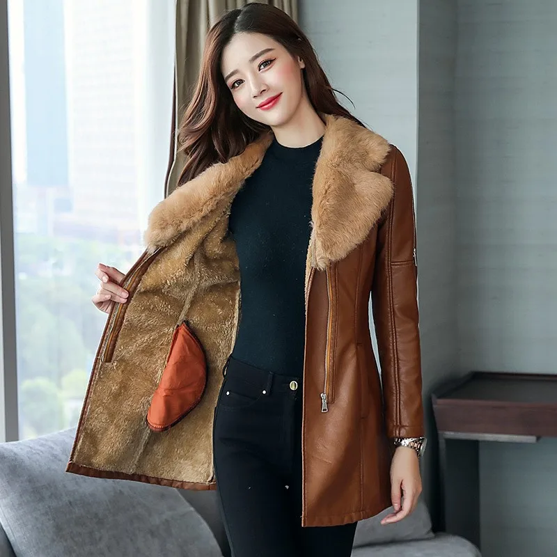 Fashion Fur Collar Slim Faux New Winter Thick Warm Jacket Women PU Leather Coat Korean Female Overcoat Parkas | Женская одежда