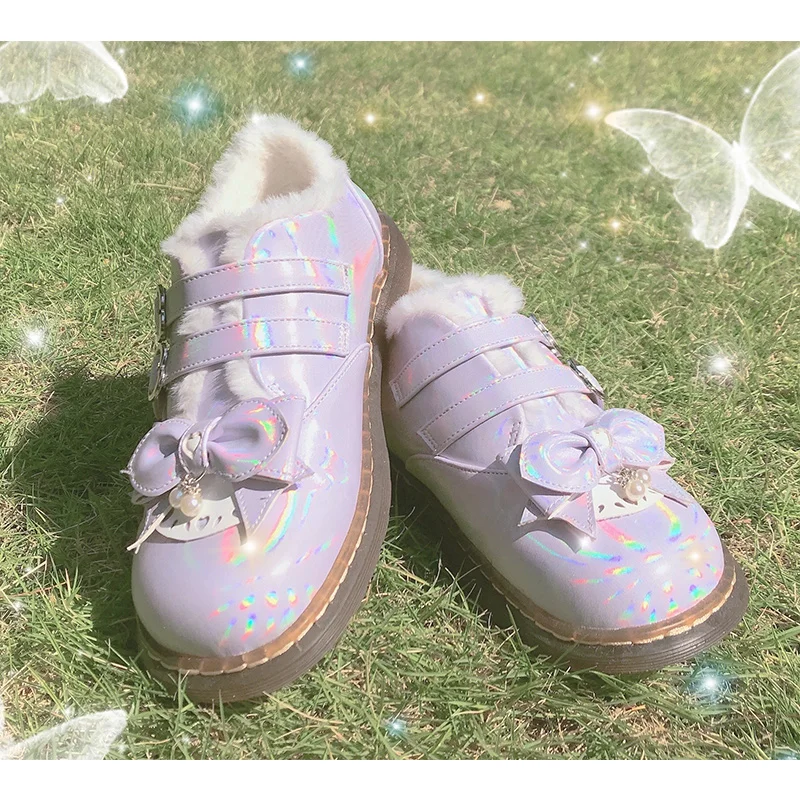 student Winter sweet lolita shoes vintage round head plus velvet women cute bowknot keep warm kawaii loli cosplay |