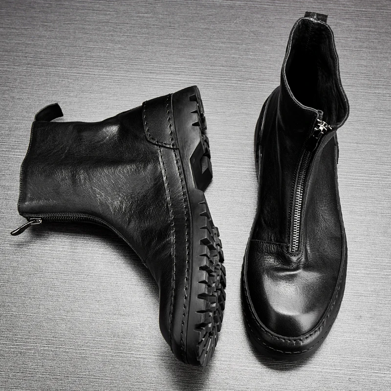 

Men Casual Outdoor Boots Black Vintage Platform Real Leather Ankle Boots Luxury Zipper Biker Boots Zapatos De Hombre 38-43