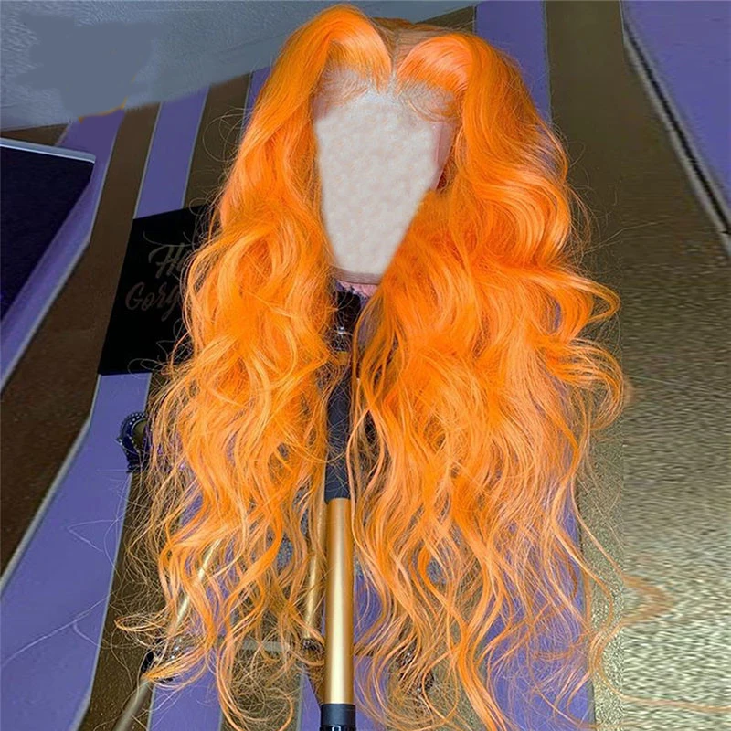 

Remy Light Orange Body Wave Pre-plucked Transparent Lace Front Human Hair Wig For Woman With Baby Hair Adjustable Strap