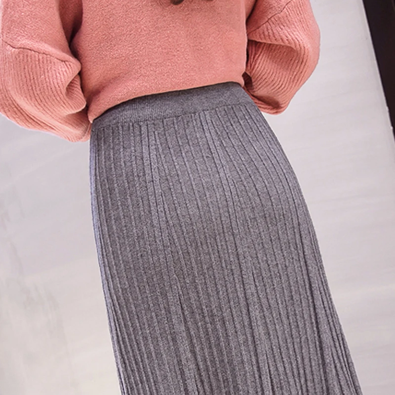 

Lucyever Vintage Autumn Women Knitted Skirt Winter Warm Elastic High Waist A-line Midi Skirt Elegant Solid Korean Lady Faldas