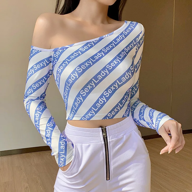 

Sexy Lady Basic T shirt Autumn One Shoulder Women T-shirts Tee Women Long Sleeve Cropped T Shirt Women's Crop Tops goth clothes