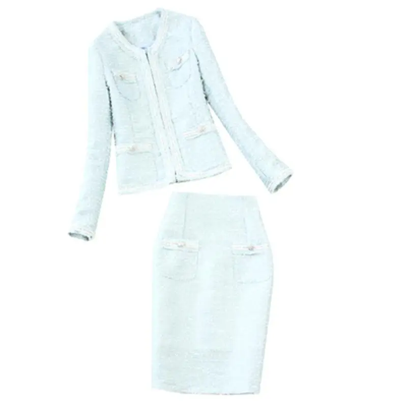 Женский шерстяной костюм светло-голубой из двух предметов куртка + юбка-карандаш