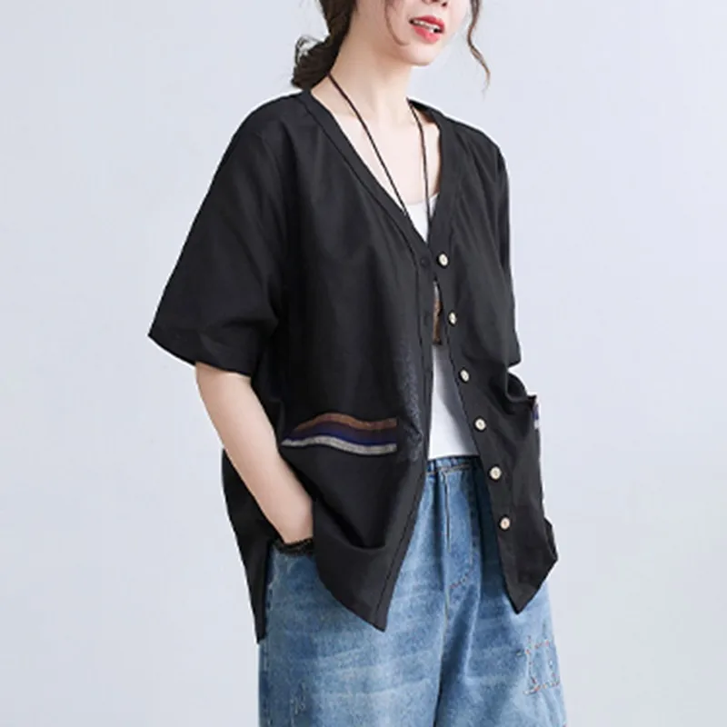 

Women Summer Cotton Linen Casual Shirts New Arrival 2021 Simple Style V-neck Double Pocket Loose Comfortable Female Tops B231