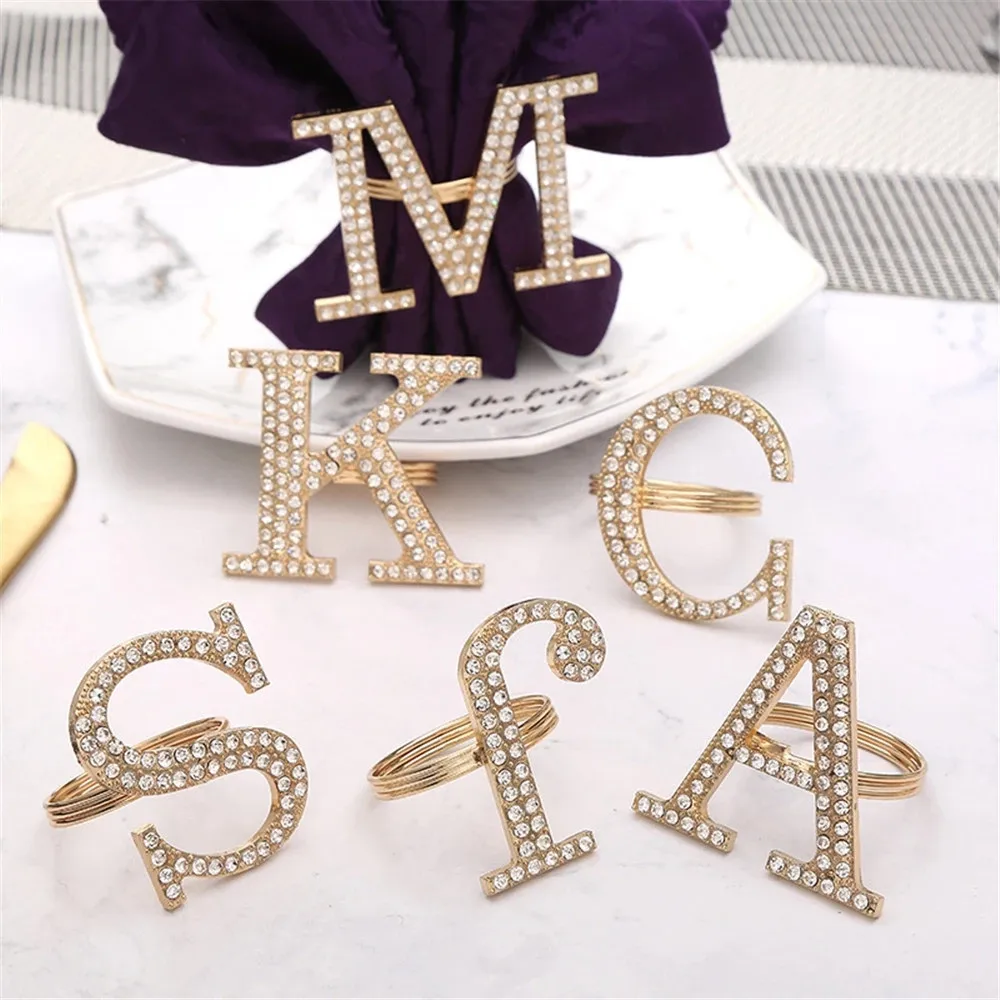 6 / PCS new diamond inlaid English letter napkin ring Napkin Ring Hotel Restaurant towel buckle ornaments free of shipping images - 6