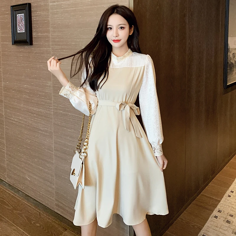 

Women Dress 2021 New Spring Lace-up Waist Slimming Stitching Long Sleeve with Bowknot Belt Knee-length Dress Female