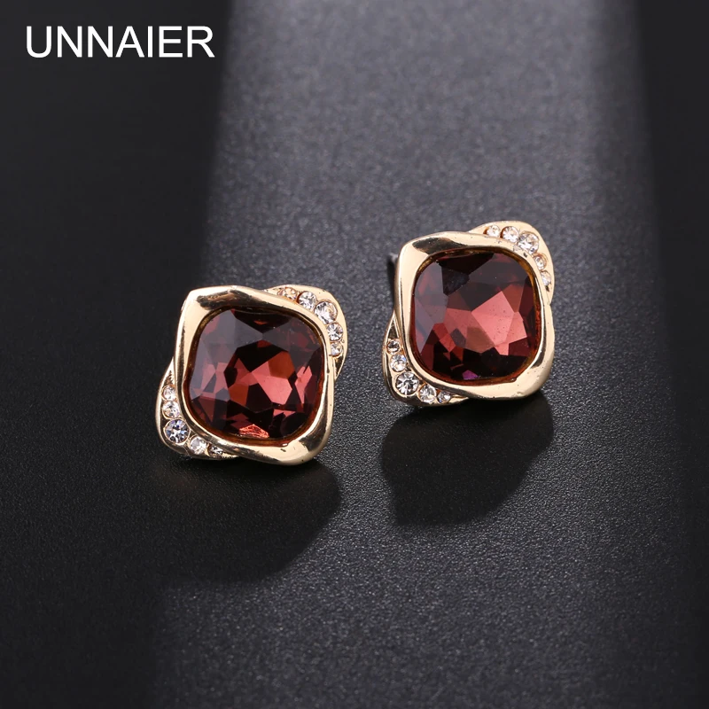 

UNNAIER fashion personality popular red gray Square Semi-precious stones Earrings Female Rhinestone Ear jewelry
