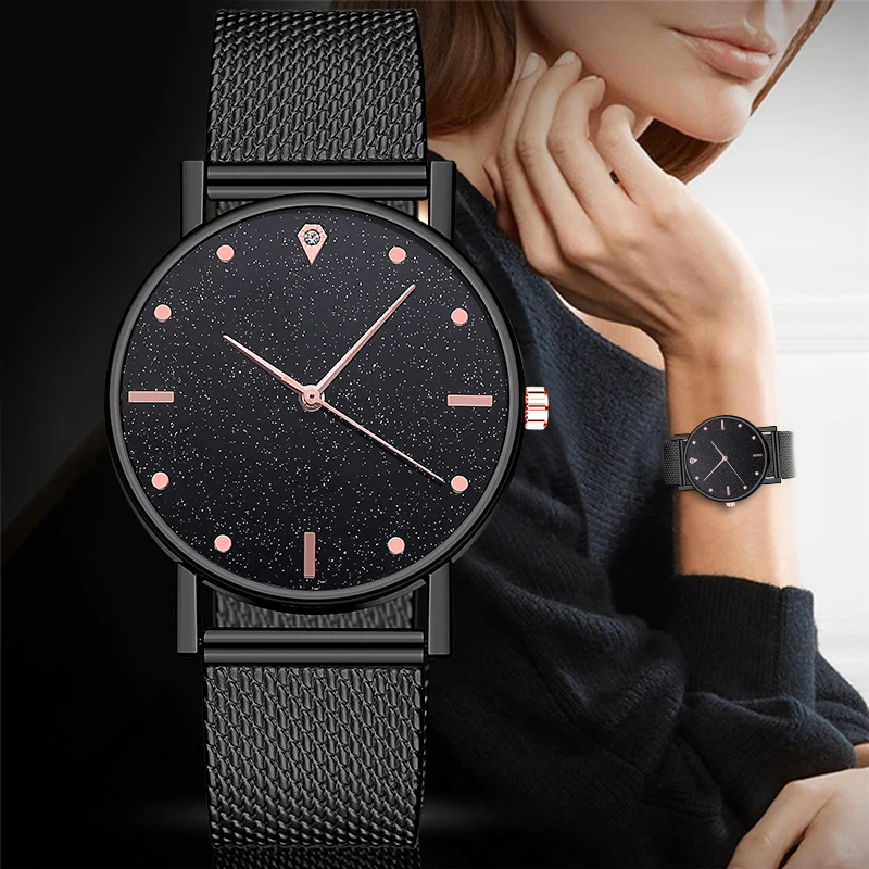 

2020 Women Watch Imitation Leather Belt Watch Star Sky Dial Clock Quartz Wrist Watches Ladies Casual Mesh Belt Wristwatch Clock