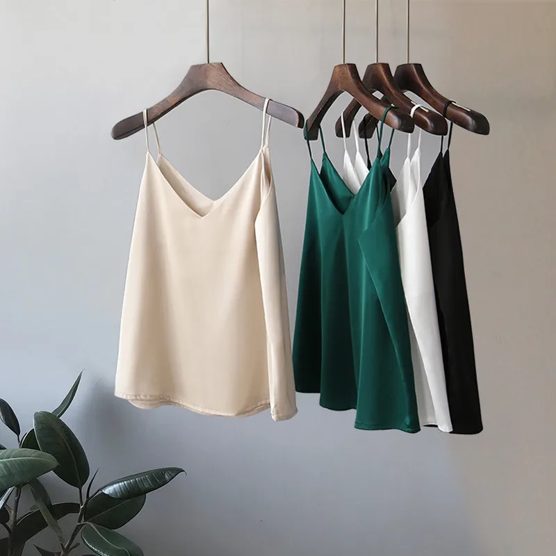 

Sexy Halter Satin Camisole Sleeveless Chiffon Render Tank Solid Plus V-Neck Tops Size Tops Woman Casual Top Camis Camis Solid Sa
