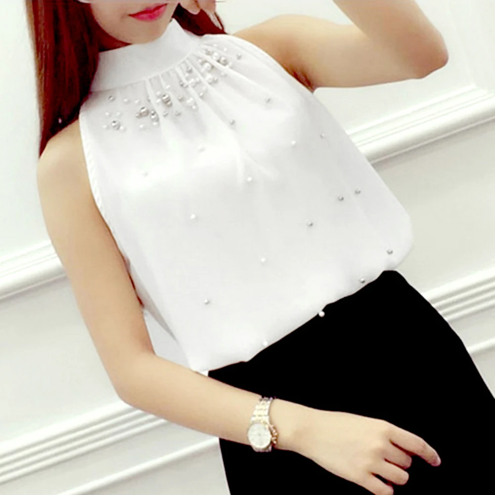 

Plus Size Stylish Women Solid Color Sleeveless Mock Neck Halter Blouse Beads Chiffon Top OL Ladies Tops Summer