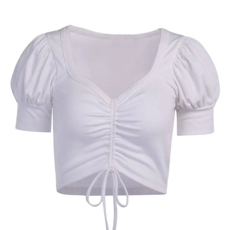 

Women T-shirts Sexy and Club Fashion Female T-shirt Short Sleeve V-neck Solid Color Lady Tshirt Summer Basic Pleating Short Tees
