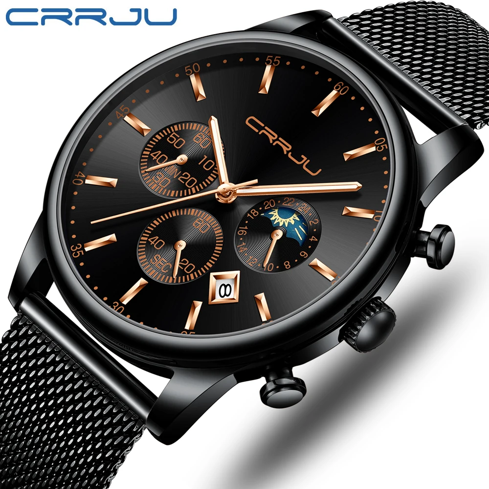 

CRRJU Лидирующий бренд, Роскошные мужские часы, водонепроницаемые, бизнес, дата, окно, наручные часы, мужские, сетчатый ремешок, повседневные к...
