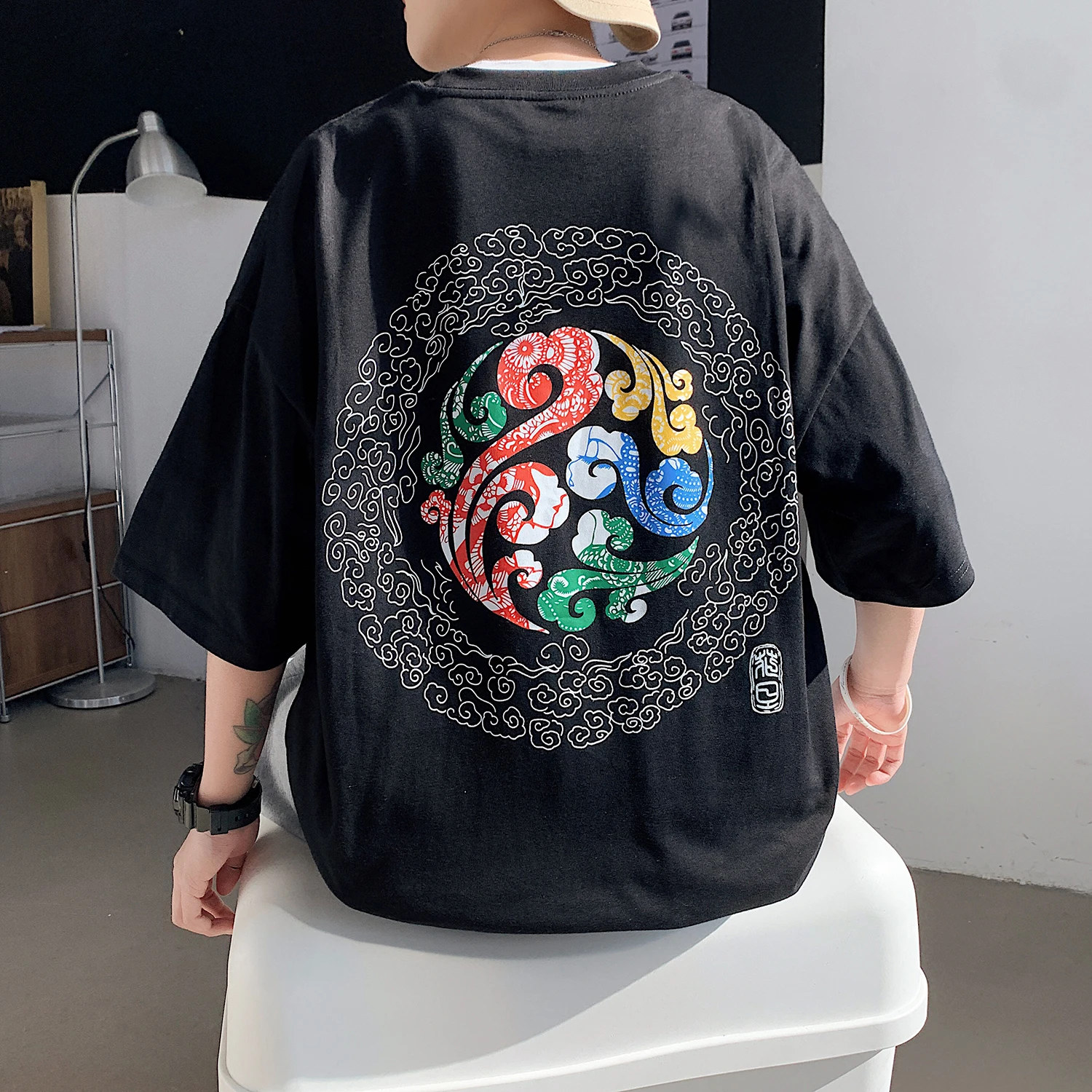 

Casual T-shirt Homme 2021 New Lucky Cloud Print 100% Cotton Sweatshirts Vintage Hip Hop Sudadera Hombre Fashion Male Clothing