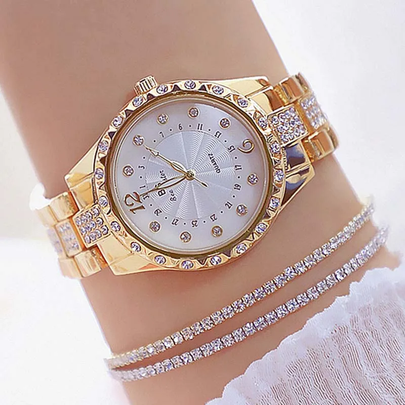 

Bling Diamand Wristwatches Women Watches Classic Cheap Yellow Gold Plated Ladies Watch Water Resistant Loyal Female Luxury Gift