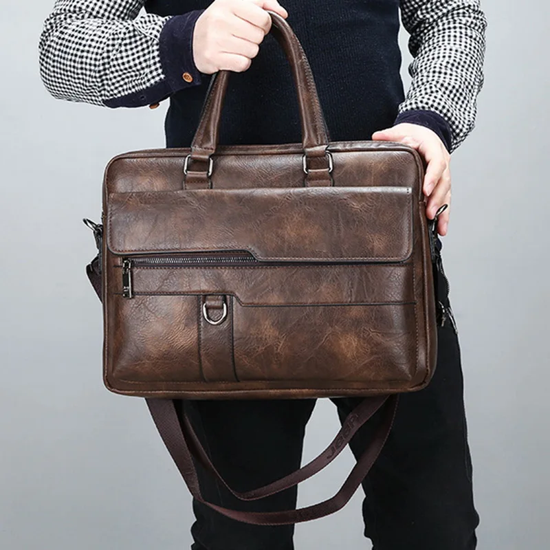 New Retro Men Solid Color Bag Faux Leather Briefcase Large Capacity Tote Shoulder Casual Business Laptop |