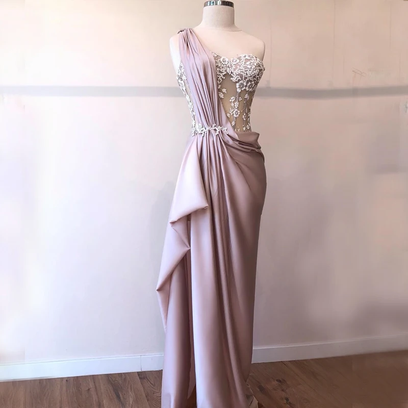 

Sexy Mermaid Evening Dresses 2020 Satin One Shoulder See Through High Split Floor Length Evening Party Dress Formal Gowns