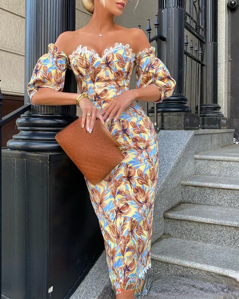 

Women's 2021 new fashion dress printed lace dress sexy one-shoulder holiday style long dress