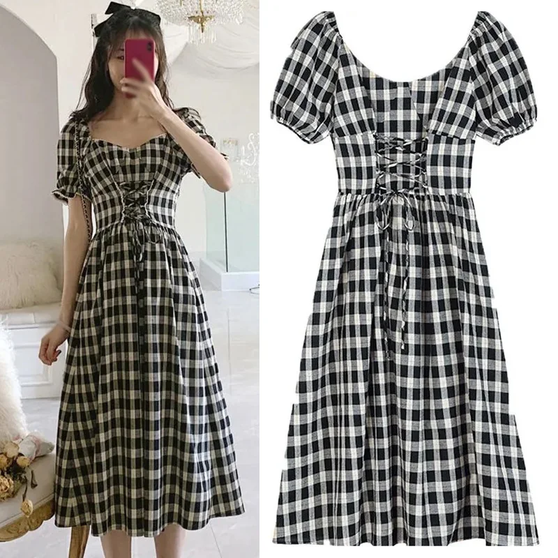 

Summer Dress Women Plaid Print Puff Sleeve V-neck Streetwear Ladies Casual Dresses