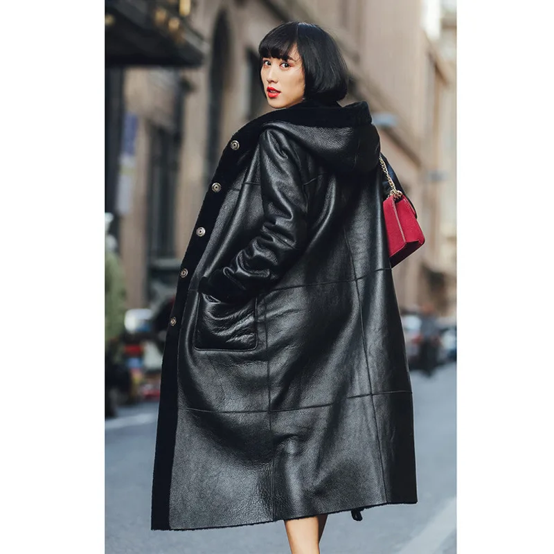 2020 new sheepskin fur winter women's jacket Australia imported double-sided sheepskin one coat female hooded long section