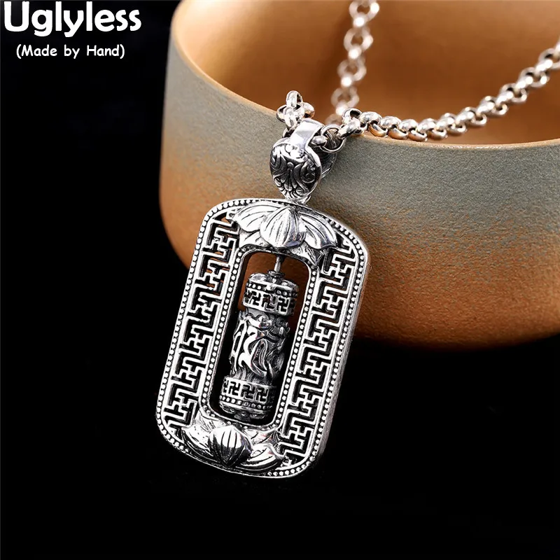 

Uglyless Thai Silver Lotus Spinning 6-word Mantra Cylinder Pendants for Women Real 990 Silver Square Necklaces NO Chain Buddhism