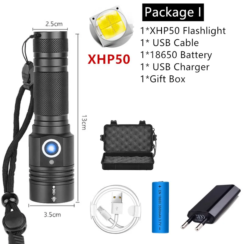 Package I Яркий XHP50 перезаряжаемый светодиодный фонарик мощный XHP70.2 фонарь P8 свет супер водонепроницаемый Zoom охотничий свет использование 18650 - Испускаемый цвет: Package I