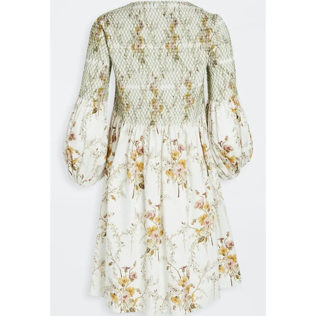

Wholesa Smocked Elastic Bodice And Shoulders With Diamond-Pattern Stitches Jewel Neckline Long Sleeves With Elastic Cuffs Dress