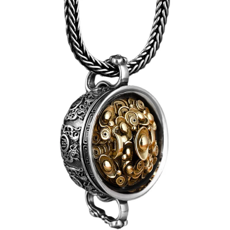 

New Chinese Style Lucky Money Transfer Personalized Silver Necklace Men's Retro Sweater Chain Jewelry Accessories