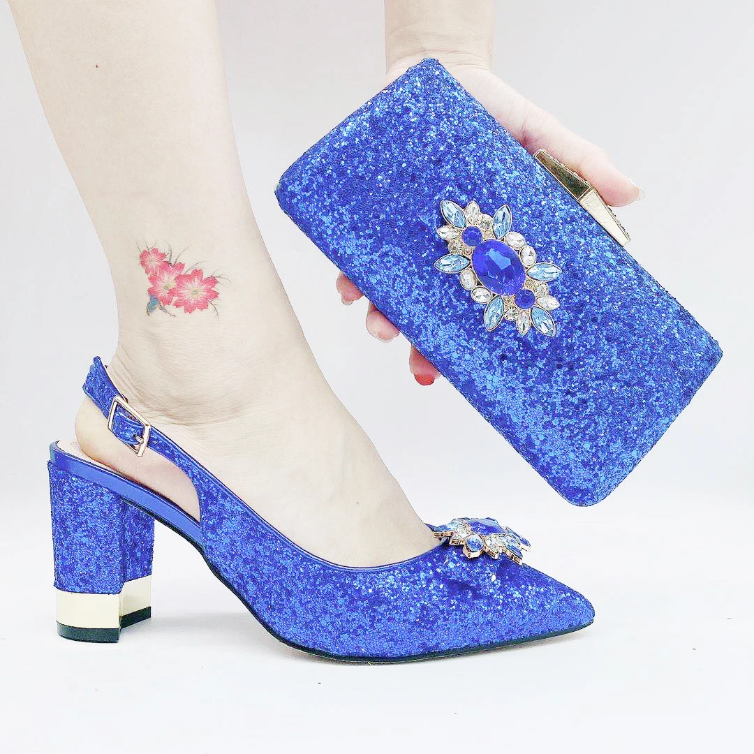 

Italian Shoe and Bag Set Glitter Bling Bling Royal Blue Green African High Heels with Clutch Purse Bag Shoe Matching Set
