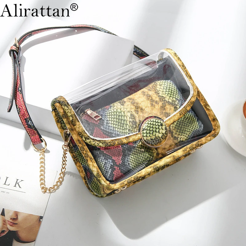 

Alirattan Women Transparent Bag Snake Pattern Leather Chain Shoulder Messenger Bag Fashion Designer Clear PVC Handbags Ins K163