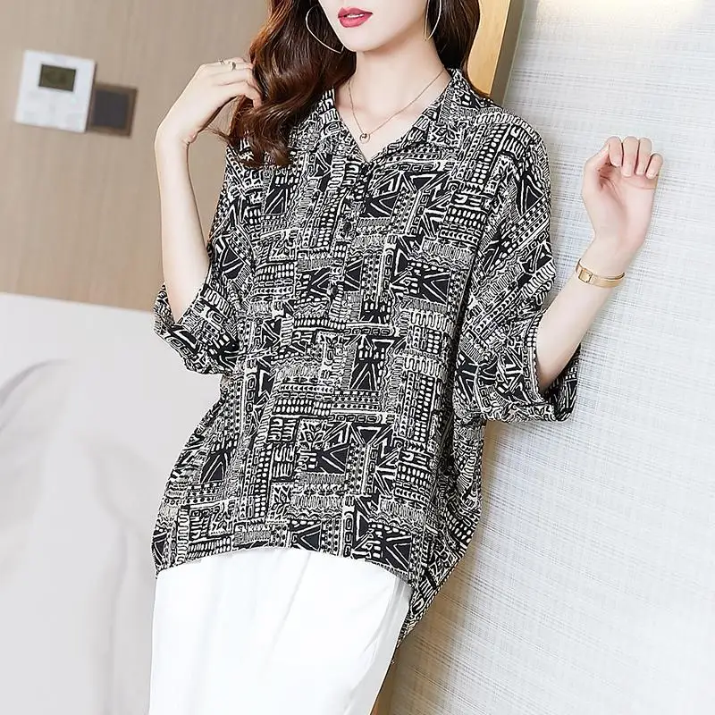 

Women Spring Summer Chiffon Shirts Temperament Elegant Polo-Neck Vintage ​Print Bloouses Ladies Tops Blusas MM1158