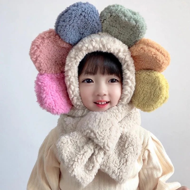 

Kid Multi Color Head Scarf Winter Warm Hooded Sun Flower Protection Hat kid Autumn Winter Cute Plush