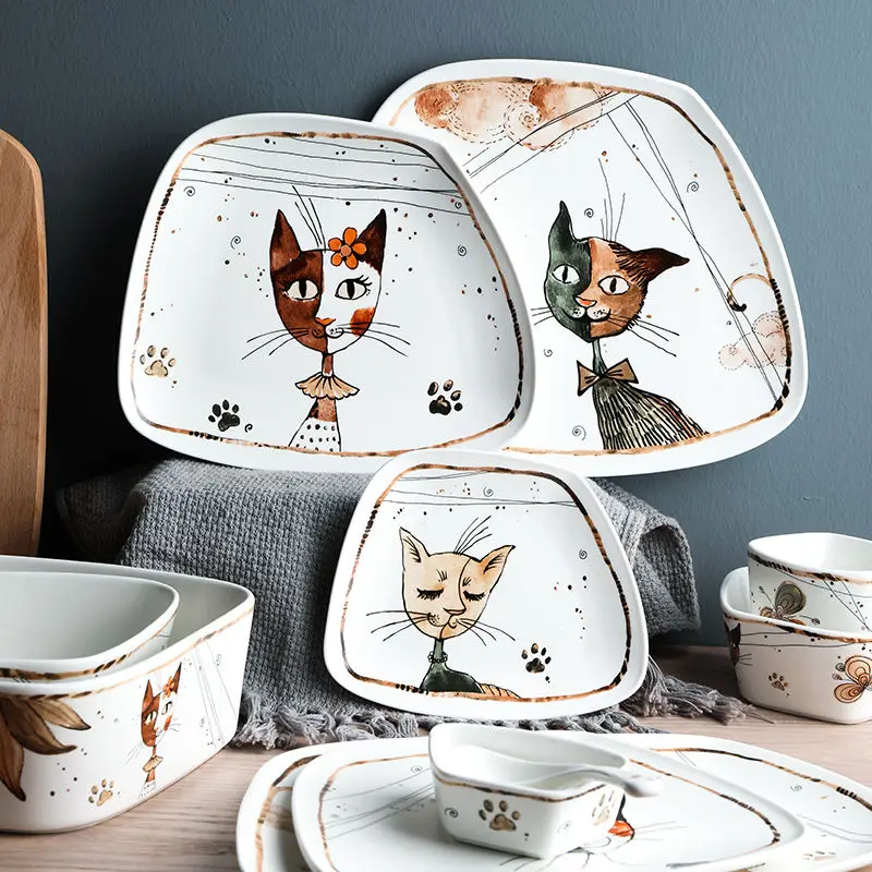 

Cute Cartoon Cat Ceramic Tableware Household Soup Noodle Bowls Fruit Steak Food Plate Dishes Creative Porcelain Dinnerware Set