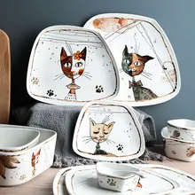 Vajilla de cerámica con dibujos de gato, cuencos para sopa, fideos, fruta, carne, plato de comida, vajilla creativa de porcelana
