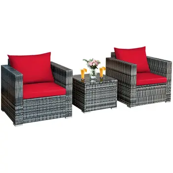 Patiojoy 3 PC Patio Rattan Furniture Bistro Set Cushioned Sofa Chair Table Red HW66530RE+