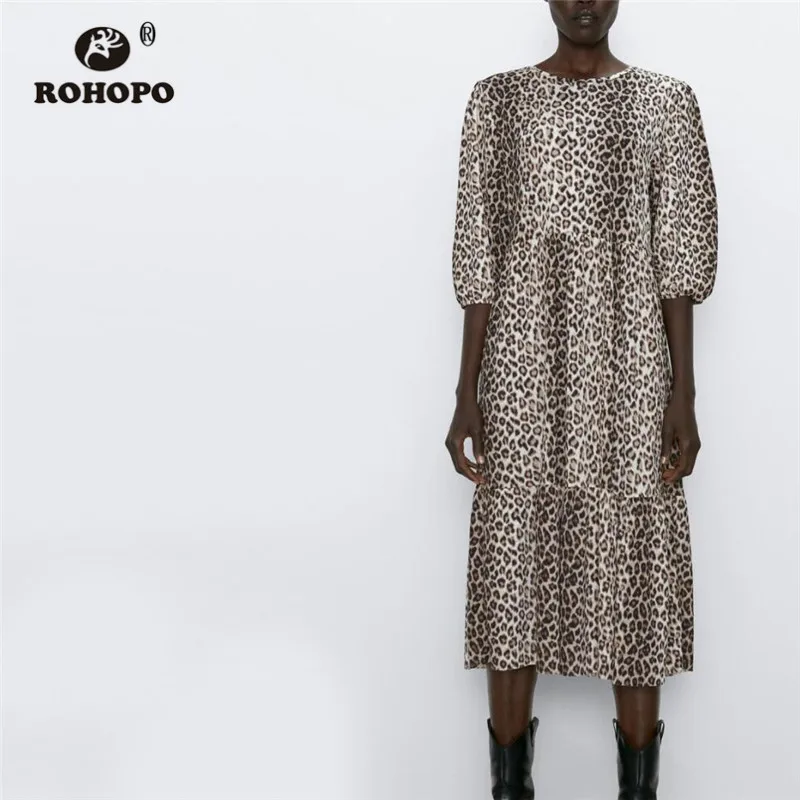 ROHOPO круглый воротник принт с животными многослойное платье средней длины рукав