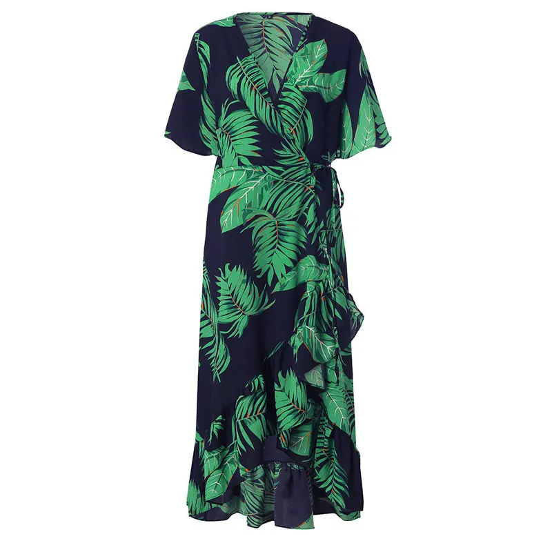 

Summer Floral Print Chiffon Beach Long Dress Women Sexy Deep V Neck Party Dress Short Sleeve Casual Boho Bandage Dress Vestidos