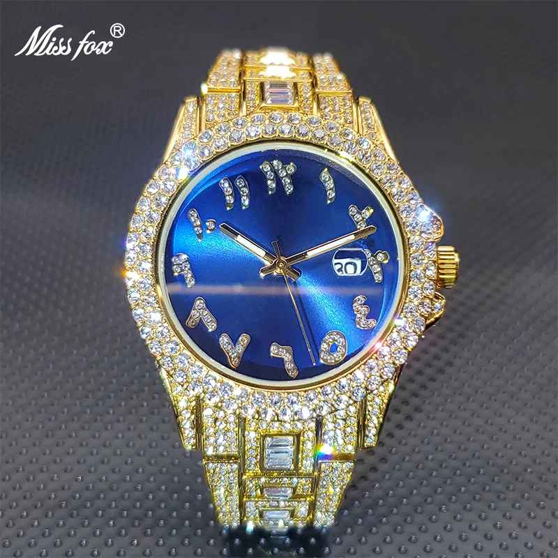 

Gold Men's Watches MISSFOX Fashion Luxury Brand Square Diamond Royal Bule Dial Quartz Watch Automatic Calendar Hour Dropshipping
