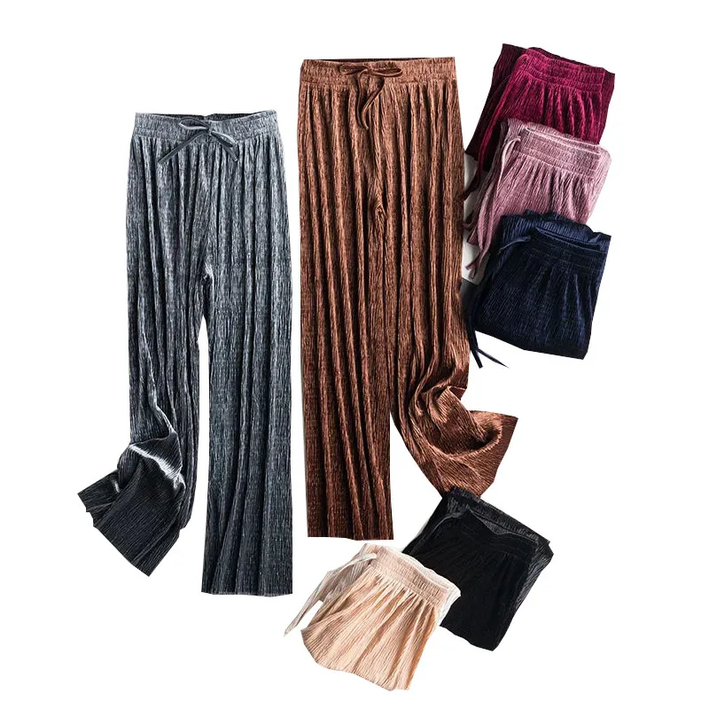 

Loose Solid Color Gold Velvet Pleated Fluffy Soft Lace Up metal bandage Pants Women Autumn Hot Elastic High Waist Wide Leg Pants