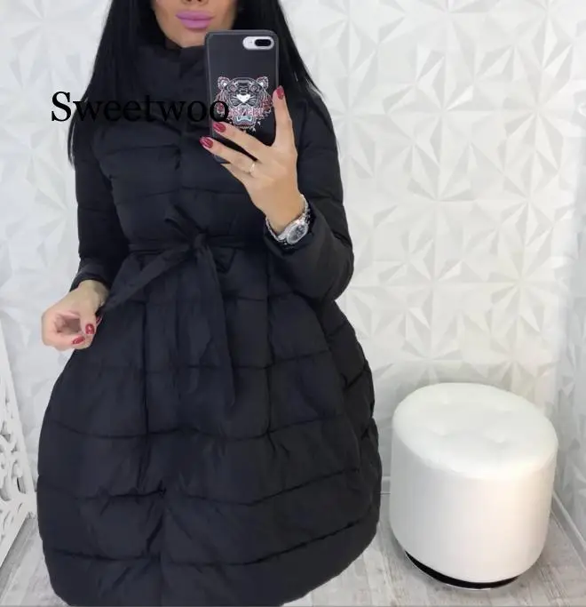 Winter Coat Women Parka Fashion Bowknot Waist Medium Long Stand Collar Cotton Padded Warm Jacke