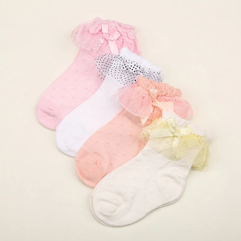 Calcetines de algod&oacute;n finos para beb&eacute; de 1 a 3 a&ntilde;os, medias de malla de encaje con nudo de lazo, w057-0