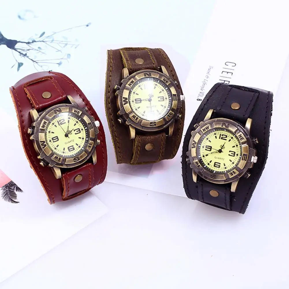 

Watch Vintage Retro Big Wide Genuine Leather Strap Watch Men Quartz Cuff Wristwatches Bracelet Bangle relogio masculino Clock