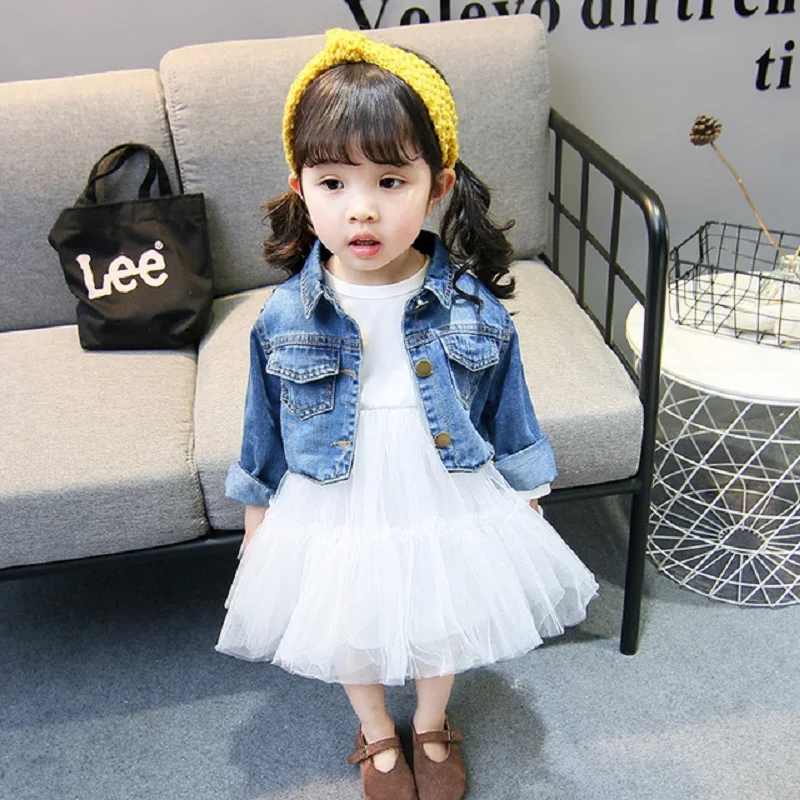 Осенняя одежда для девочек Тюлевое платье пачка с длинным рукавом + джинсовая