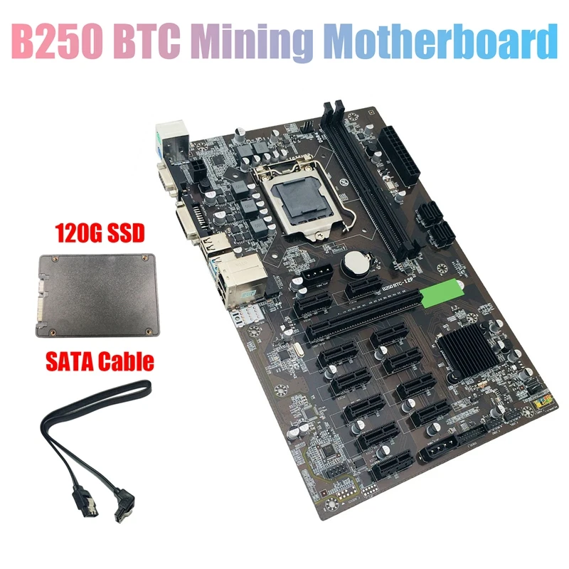 

Материнская плата B250 BTC для майнинга с 120G SSD + SATA кабелем, 12 слотов для графической карты LGA 1151 DDR4 USB3.0 SATA3.0 для майнинга BTC