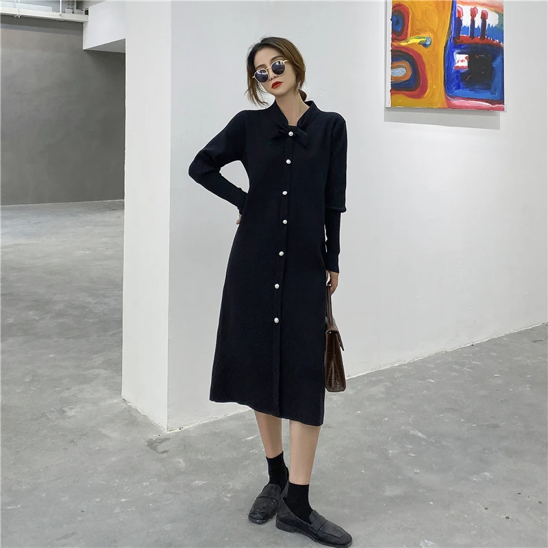 

Autumn Winter Knitted Long Dress Women Elegant Bow Full Sleeve Thick Warm Sweater Straight Dresses Ladies Fashion Party Dress