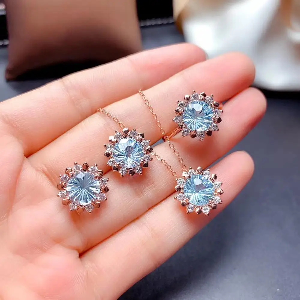 

MeiBaPJ Natural Sky Blue Topaz Jewelry Set 925 Pure Silver Ring Earrings Pendant NecklaceFine Wedding Jewelry for Women