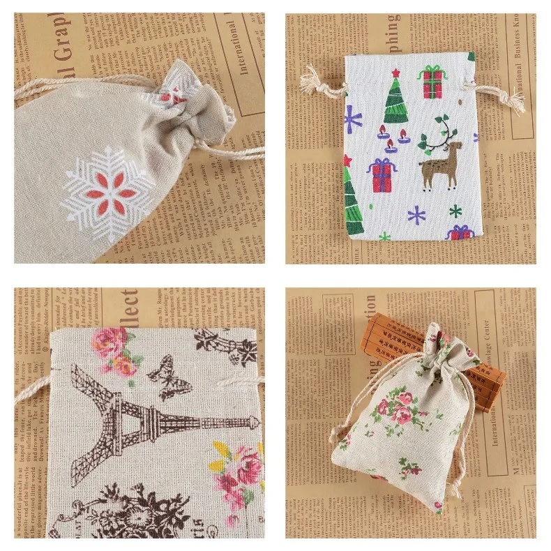 

50 шт., 13*18 см, сумка для конфет, с принтом, хлопок, лен, в комплекте, с карманом, с мультяшным рисунком, на завязках, сумка для мешковины, ювелирные изделия, мешок для печенья, праздничные сувениры