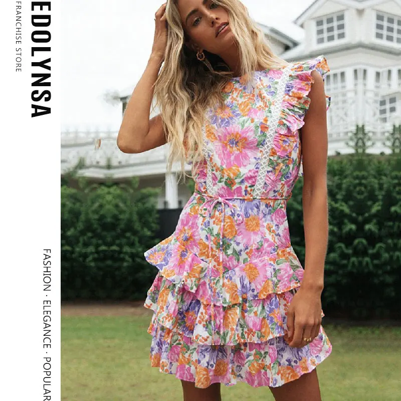 

Cascading Ruffle Print Dress Kawaii Babydoll Dress Girls Sleevless Dress Party Birthday Festival Cute Holiday Mini Dress A840