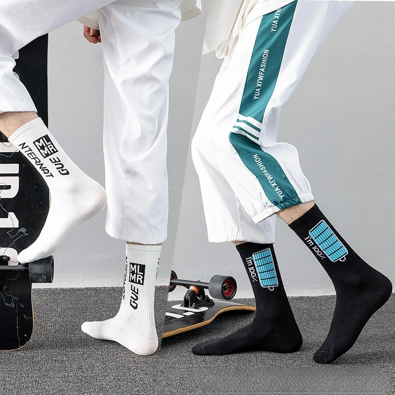 Men Socks 10 Pairs Cotton Socks Funny Printed Socks White Letters Socks Sports Skateboard Long Socks Fashion Women Large Hosiery