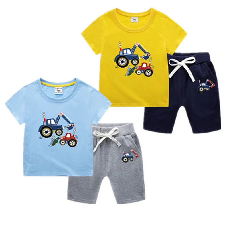 

Kids Boy Short Sleeve T-Shirt Summer Suit Set Excavator Cotton Cartoon Print Short Sleeve + Short Pants 2 Piece Children Cloth